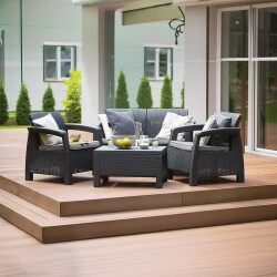 Heniver Novara Bahçe Oturma Grubu 2+1+1 Camlı Sehpa x Katlanır Masa Hediyeli