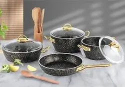 Lines 9 Parça Granit Ezme Oscar Maya Altın Kapaklı Set