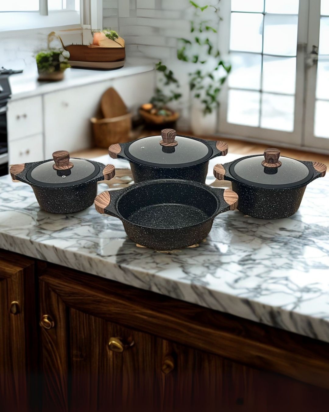 Queen Time 7 Parça Granit Tencere Seti Ahşap Detaylı